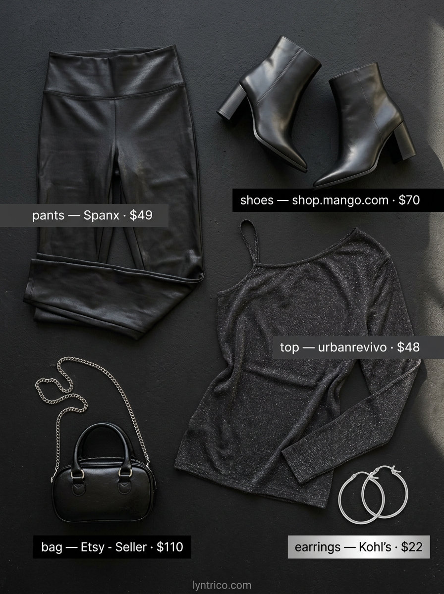 Charcoal grey one-shoulder top with faux leather leggings for an edgy night out. Summer One Shoulder Neck outfits for women 2026.