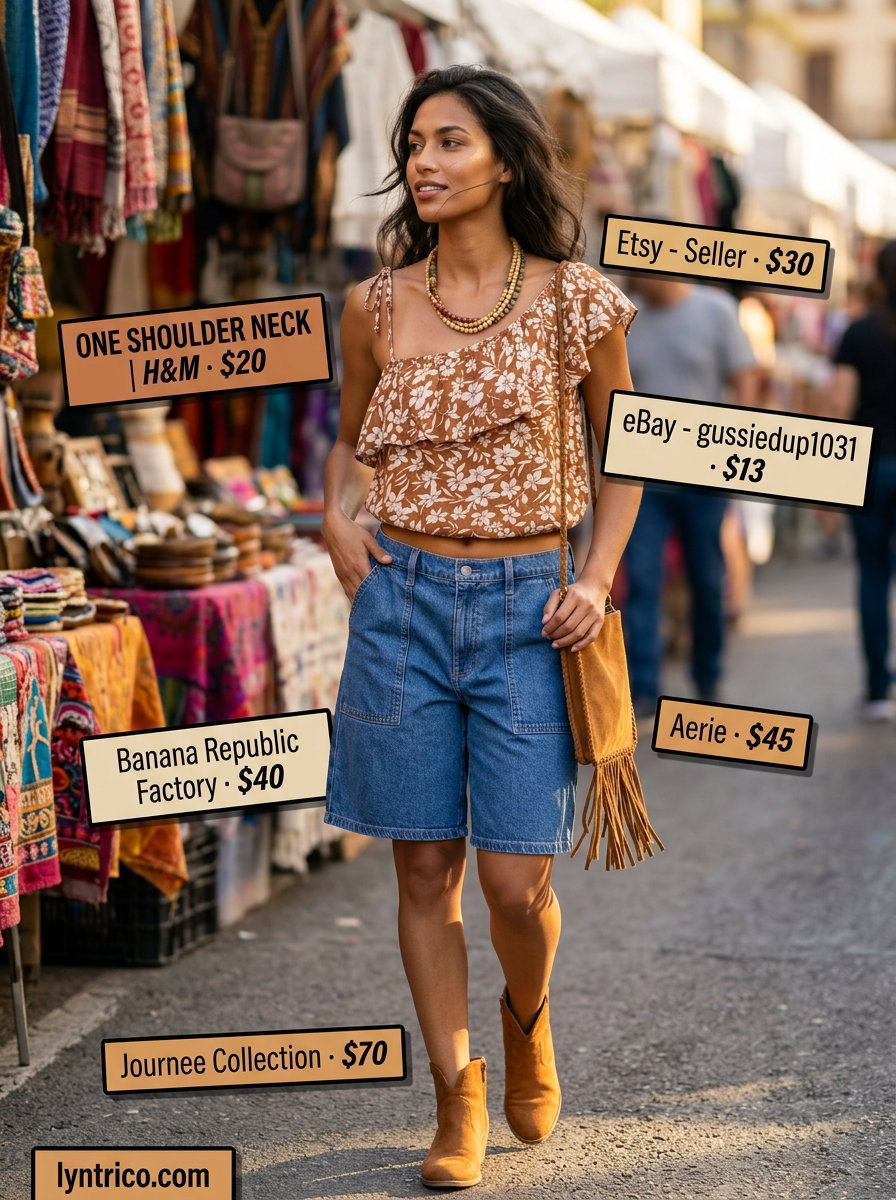 Floral print one-shoulder peasant blouse with denim shorts for a boho festival look. Summer One Shoulder Neck outfits for women 2026.