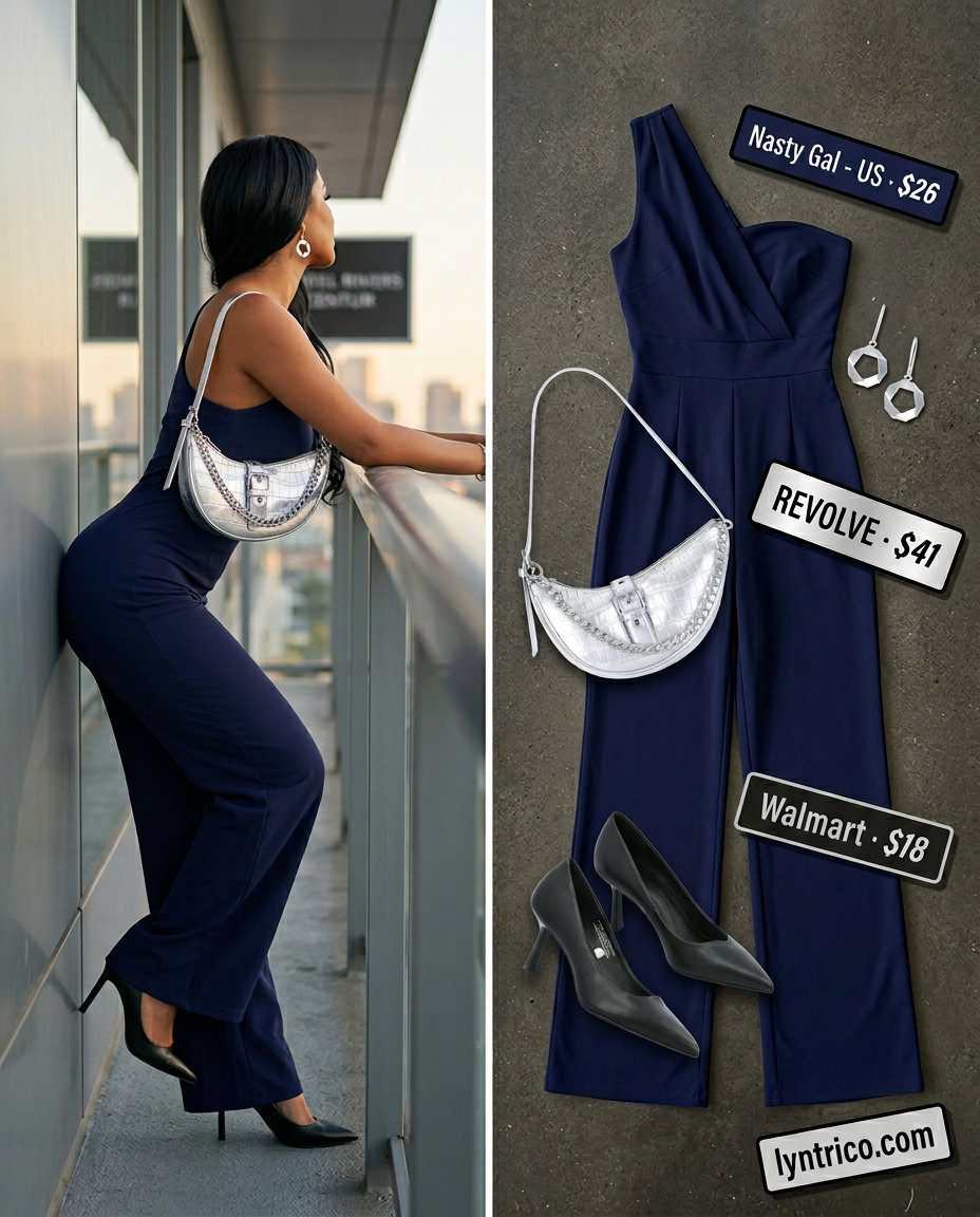 Navy one shoulder neck jumpsuit with silver accessories for city chic outfits 2026.