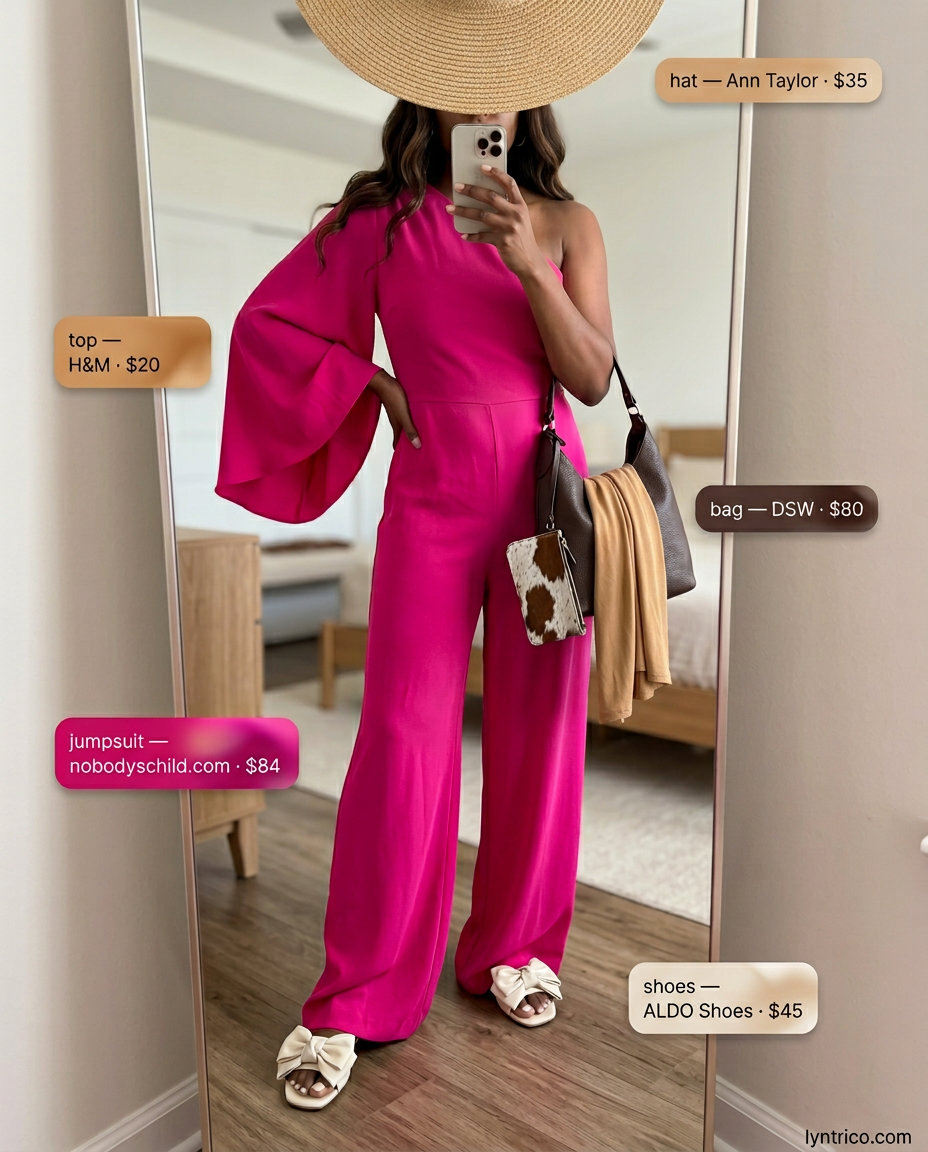 Blush pink one shoulder neck wide-leg jumpsuit for travel outfits 2026.