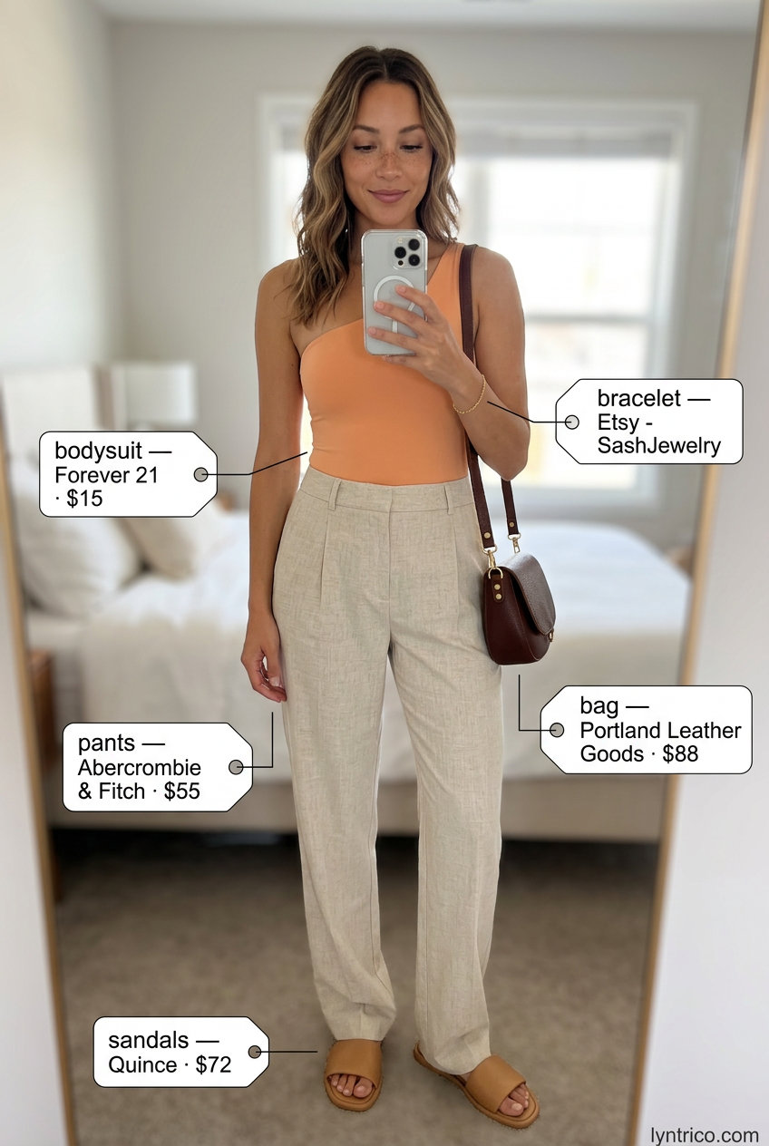 Neutral beige one-shoulder bodysuit with cream trousers for a modern minimalist look. Summer One Shoulder Neck outfits for women 2026.