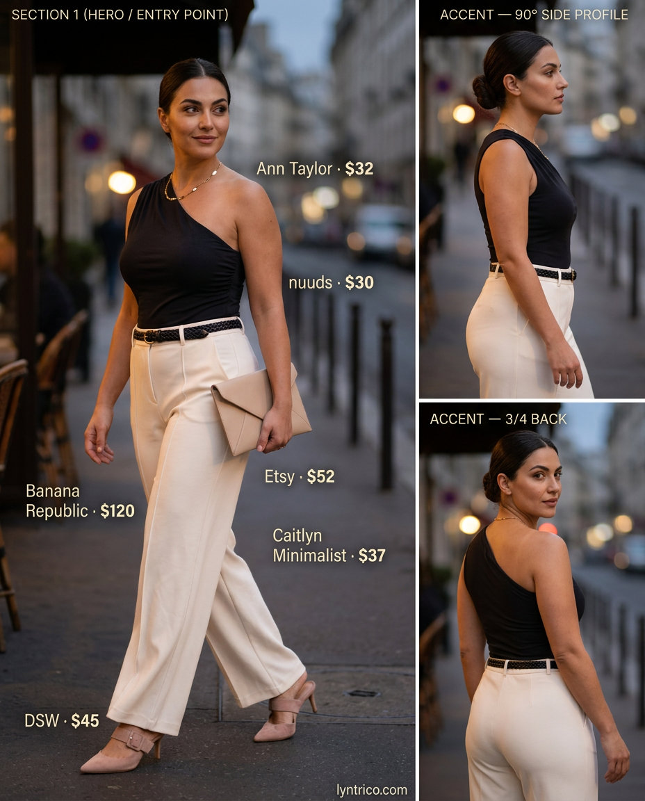 Beige one-shoulder bodysuit with cream wide-leg trousers for a chic evening look. Summer One Shoulder Neck outfits for women 2026.