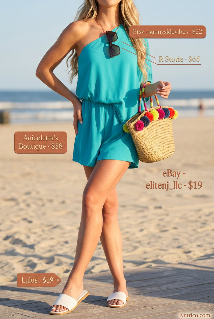 Teal one shoulder neck romper with straw tote for vacation outfits 2026.