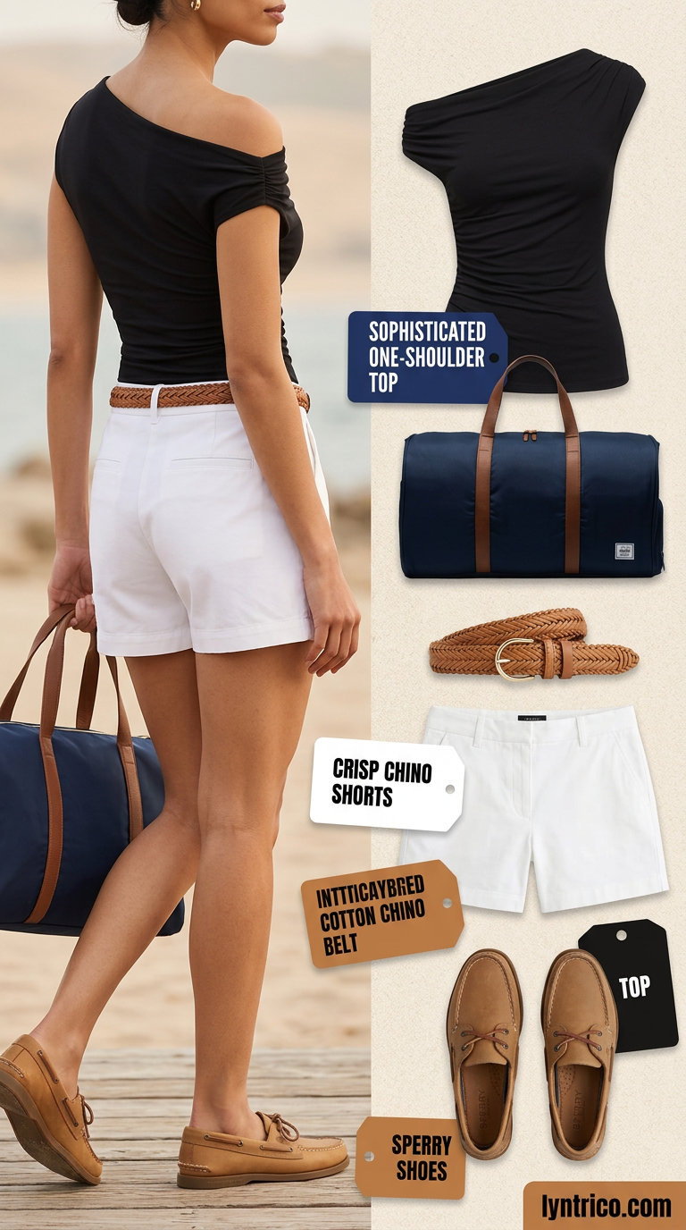 Navy and white striped one-shoulder top with chino shorts for a preppy summer look. Summer One Shoulder Neck outfits for women 2026.