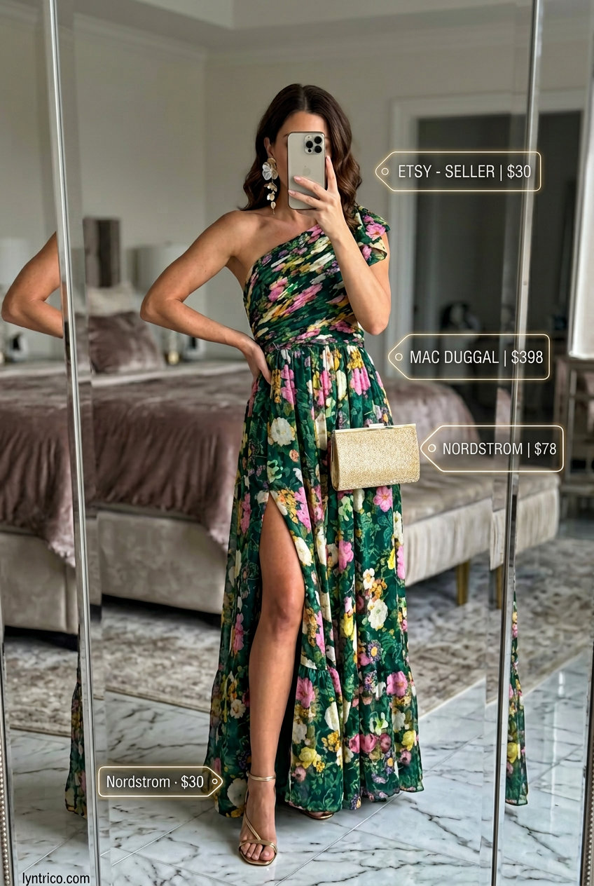 Floral one-shoulder maxi dress for glamorous summer One Shoulder Neck outfits for women 2026.