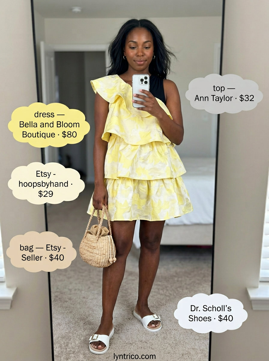 Butter yellow one-shoulder tiered mini dress for sweet summer One Shoulder Neck outfits for women 2026.