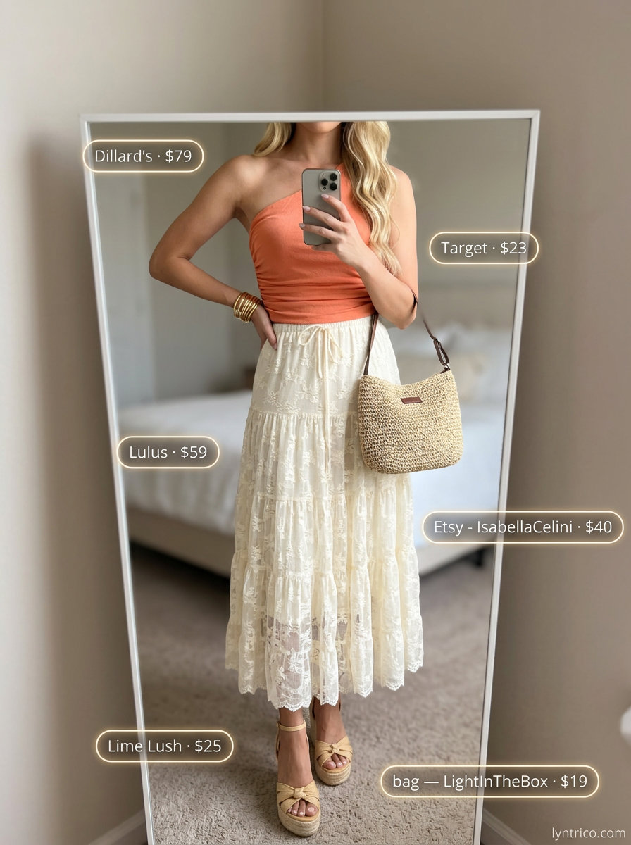 Coral one-shoulder crop top with flowing midi skirt for romantic summer One Shoulder Neck outfits for women 2026.