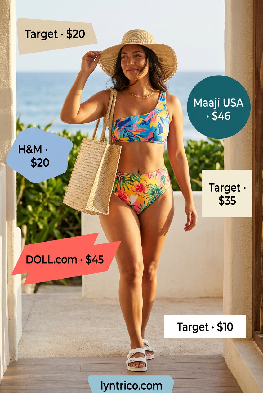 Tropical one shoulder neck bikini top & bottoms with straw hat & tote for beach day outfits 2026.