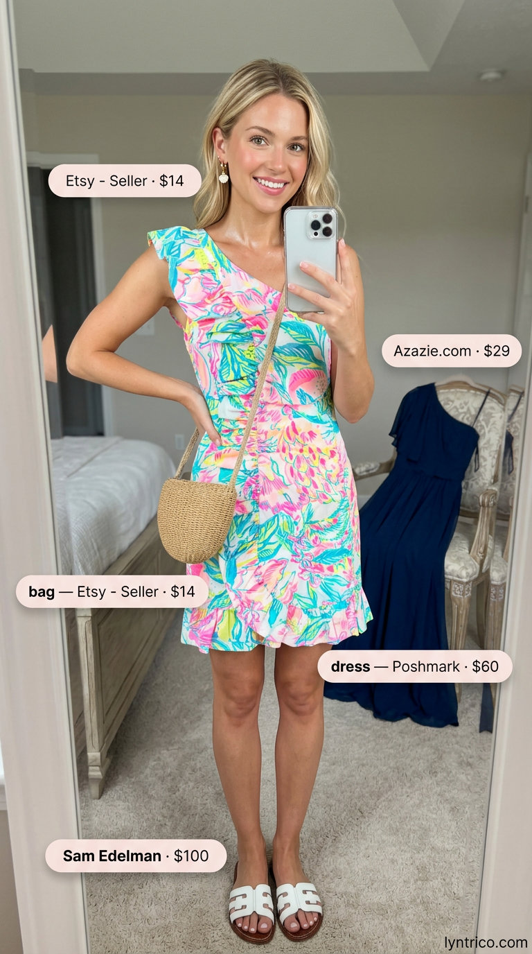 Vibrant tropical print one-shoulder mini dress for playful summer One Shoulder Neck outfits for women 2026.
