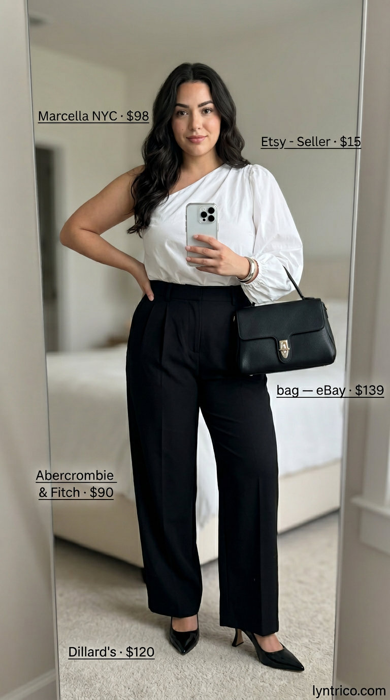 Crisp white one-shoulder blouse with tailored black trousers for city chic style. Summer One Shoulder Neck outfits for women 2026.
