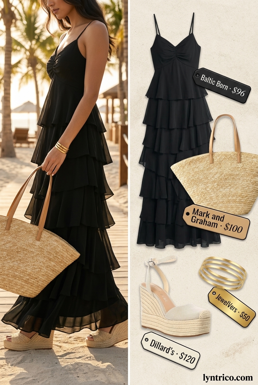 Elegant summer outfits for women with black hair 2026: Black maxi dress, espadrilles, straw tote, gold bangles.