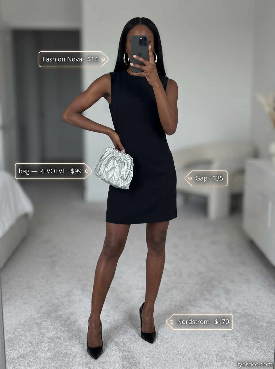 Edgy summer outfits for women with black hair 2026: Black mini dress, silver hoops, metallic clutch, stiletto heels.