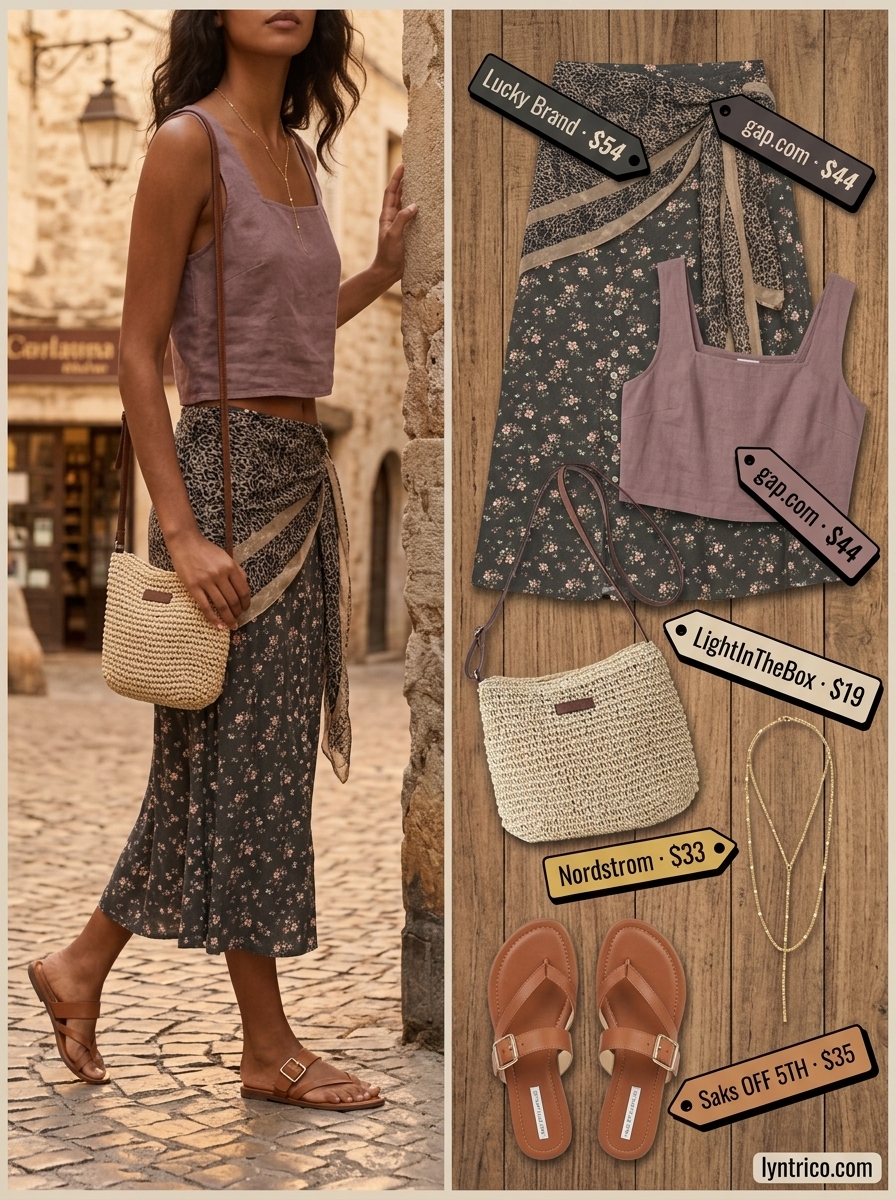 Bohemian summer outfits for women with black hair 2026: Flowy floral midi skirt, white tank, layered necklaces, straw bag.