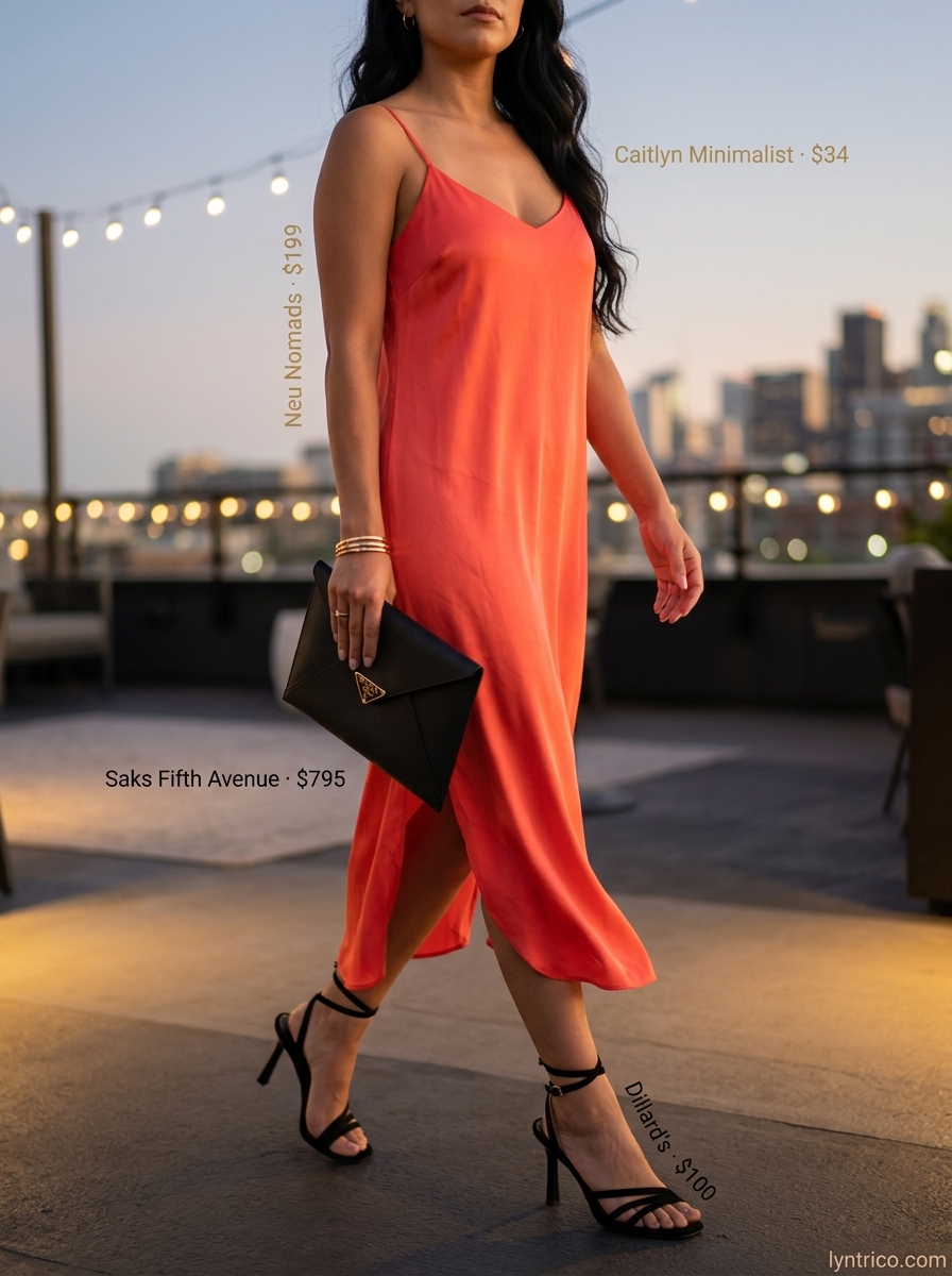 Glamorous summer outfits for women with black hair 2026: Coral slip dress, black heels, gold earrings, clutch.