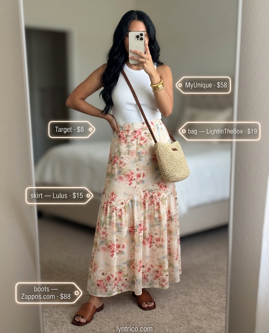 Bohemian summer outfits for women with black hair 2026: Maxi skirt, white tank, straw bag, leather slides.