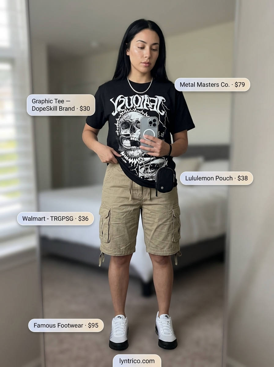 Cool summer outfits for women with black hair 2026: Khaki cargo shorts, graphic tee, belt bag, sneakers.