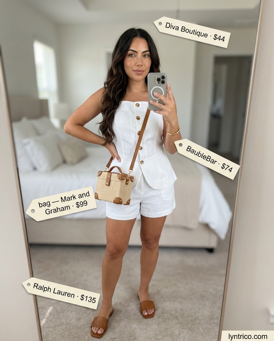 Minimalist summer outfits for women with black hair 2026: White linen set, tan slides, raffia bag, gold bracelet.