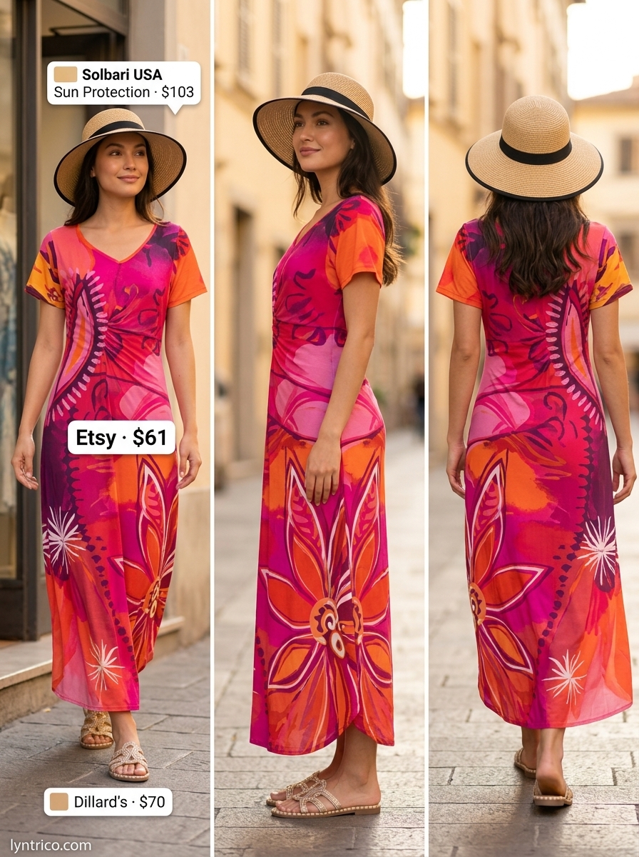 Summer outfits for women with black hair 2026: Abstract print maxi dress, straw hat, and tote for beach vacation.