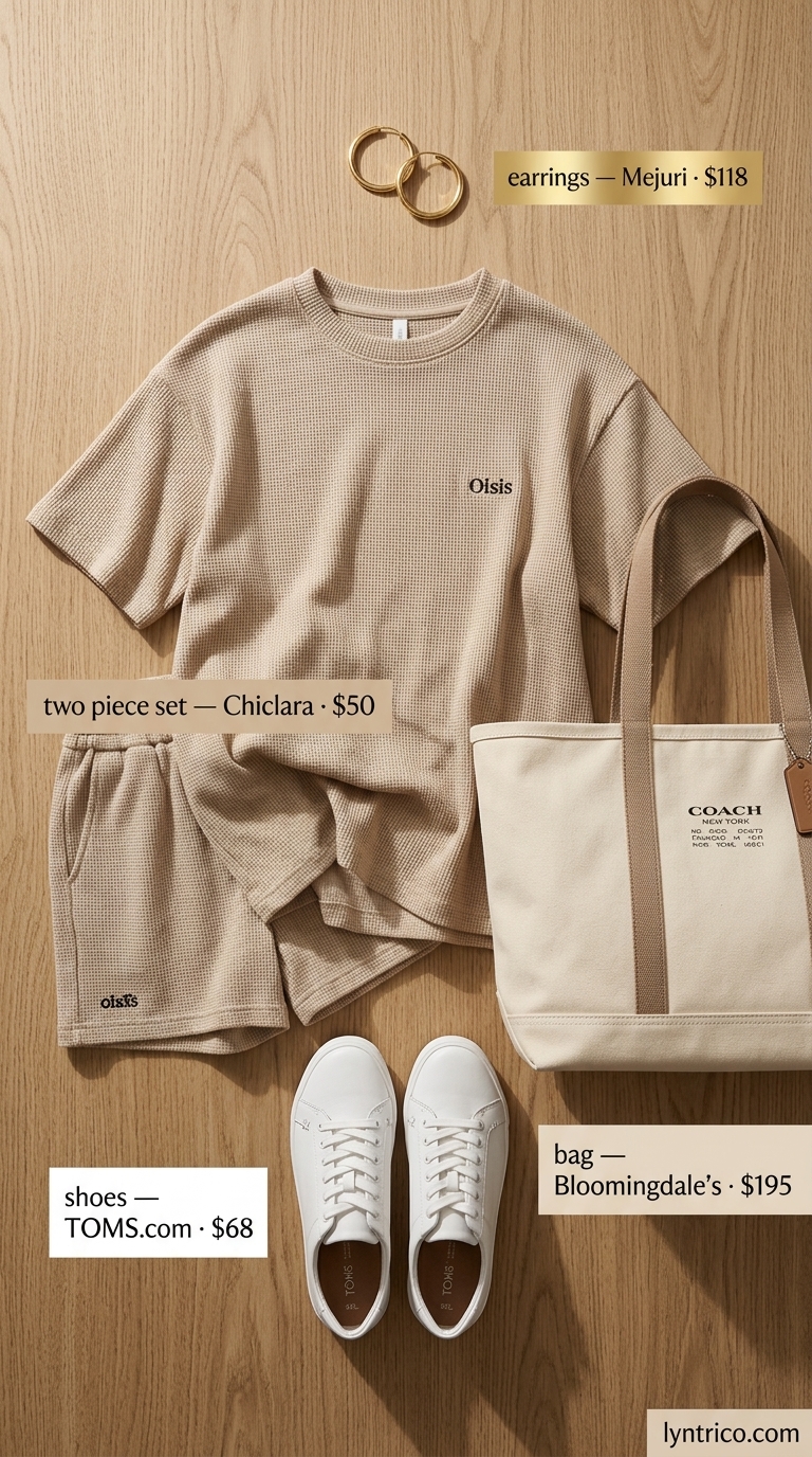 Summer outfits for women with black hair 2026: Beige loungewear set, white sneakers, and gold hoops for weekend casual.