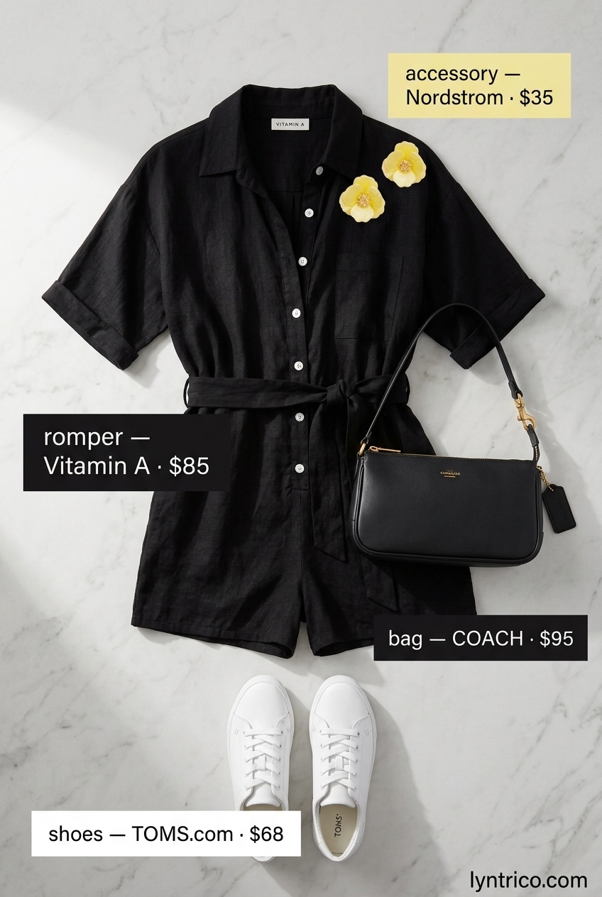 Chic summer outfits for women with black hair 2026: black linen romper with white sneakers.
