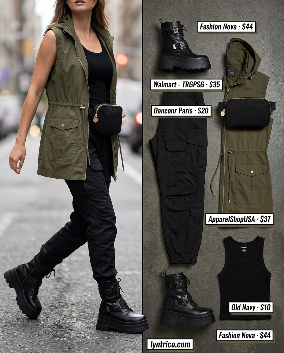 Summer outfits for women with black hair 2026: Black cargo pants, khaki utility vest, and combat boots for urban explorer.