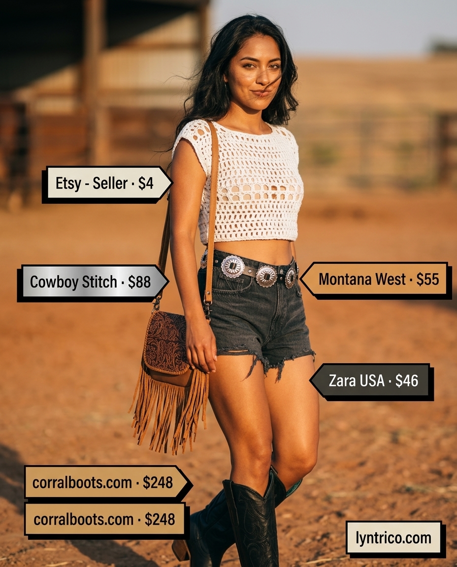 Edgy summer outfits for women with black hair 2026: black cowboy boots and crochet top.