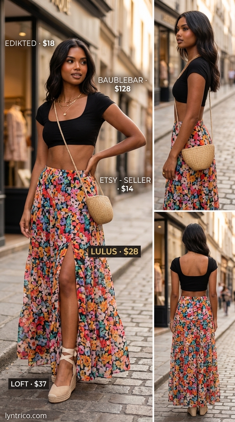 Summer outfits for women with black hair 2026: Multicolor floral midi skirt, black crop top, and espadrille wedges for a vibrant look.