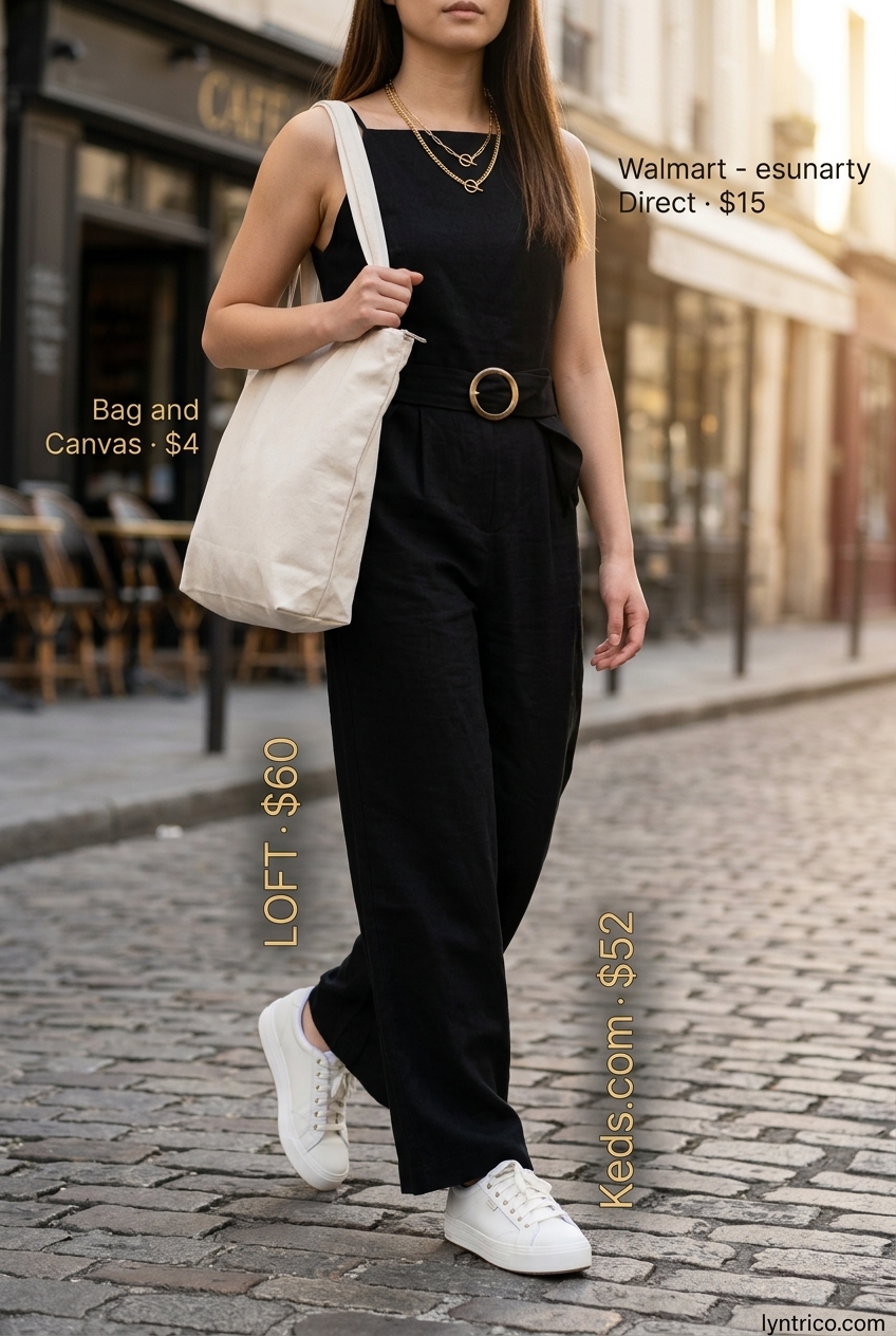 Cool summer outfits for women with black hair 2026: black linen jumpsuit and white sneakers.