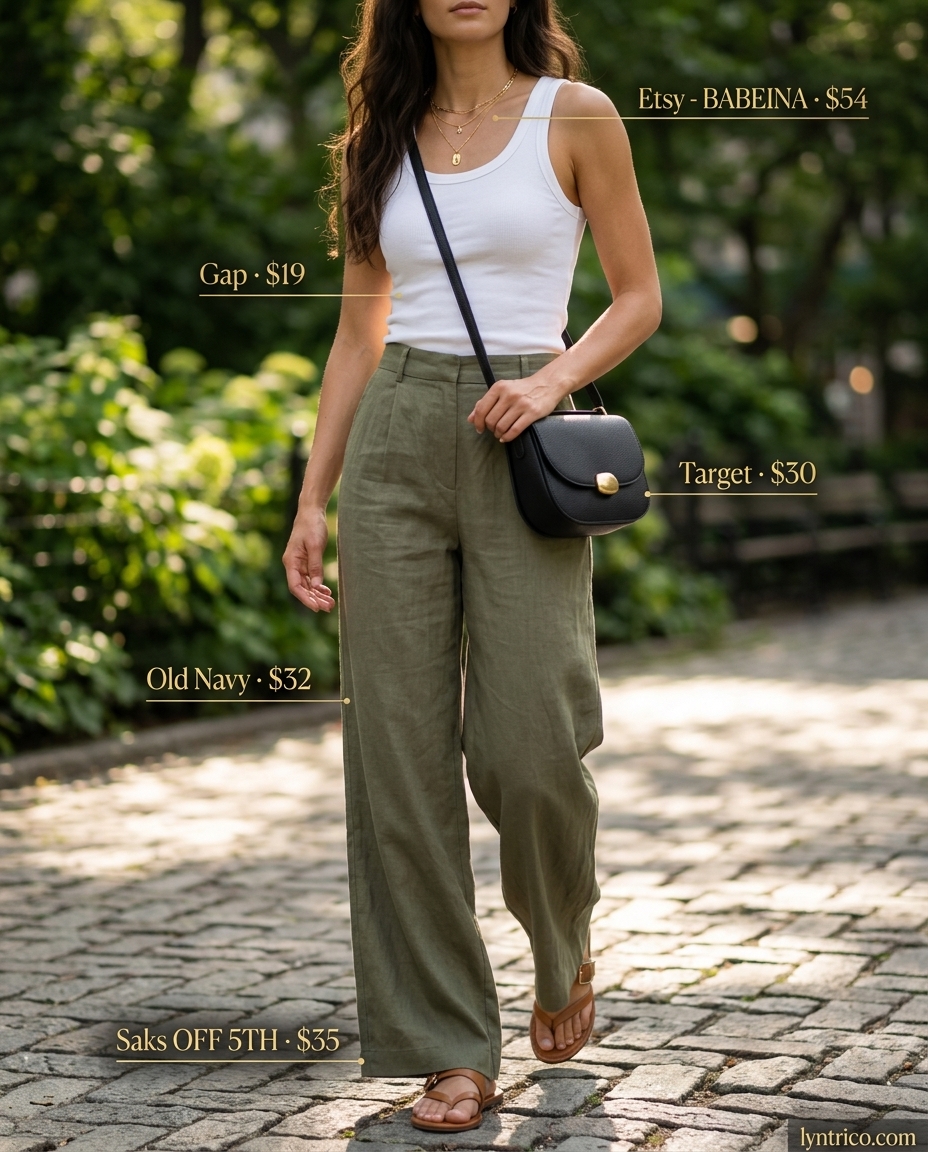 Effortless summer outfits for women with black hair 2026: olive green linen pants and white tank.