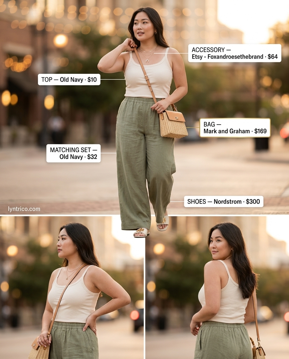 Sophisticated summer outfits for women with black hair 2026: sage green linen set.