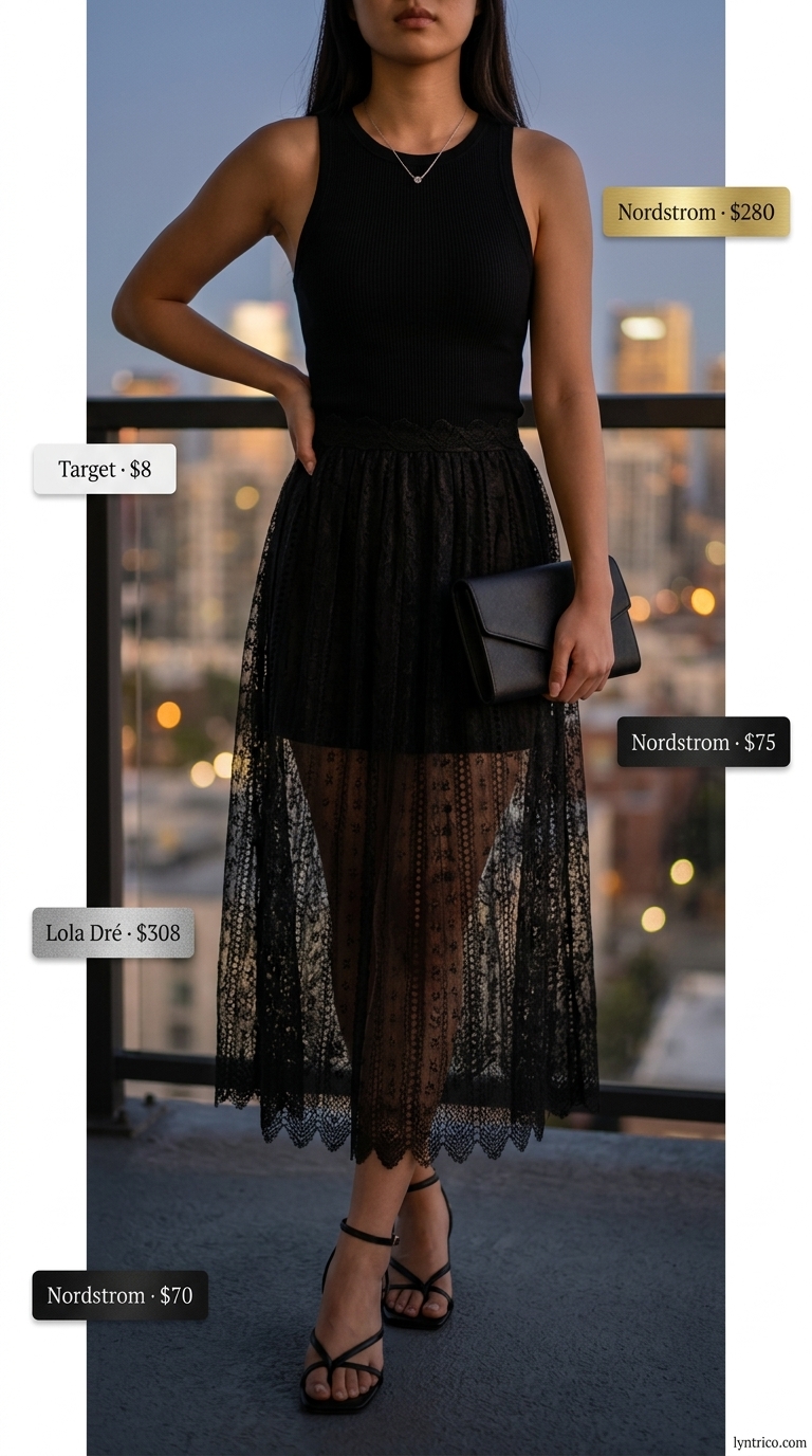 Alluring summer outfits for women with black hair 2026: black sheer skirt and white tank.