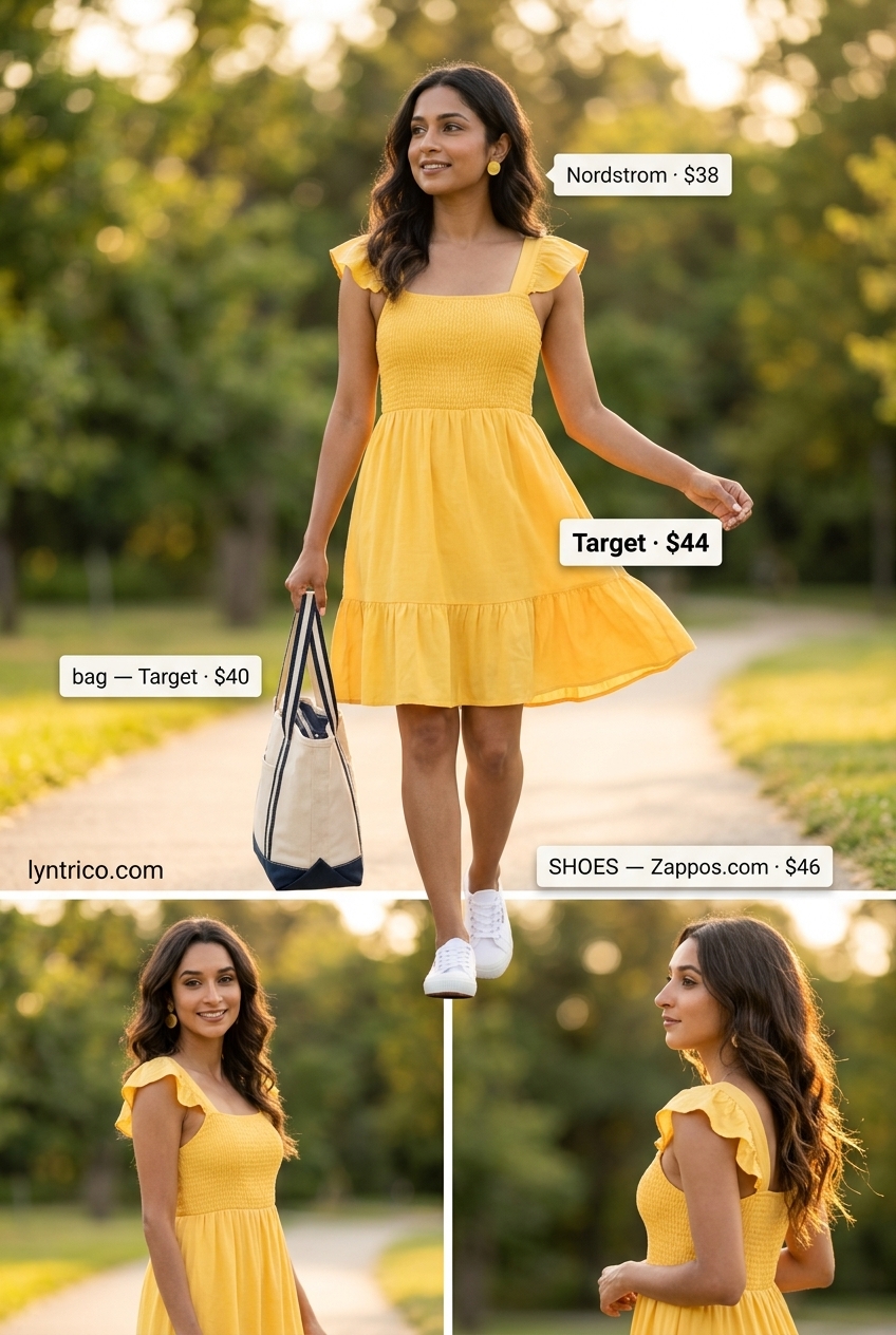 Cheerful summer outfits for women with black hair 2026: yellow sundress and canvas tote.