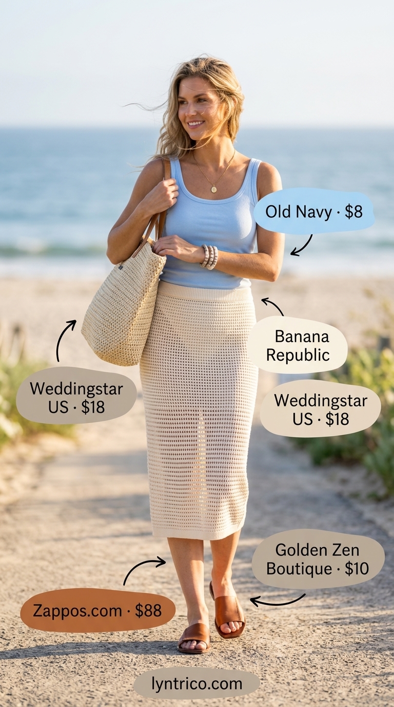 Summer outfits for women with blonde hair 2026: Crochet midi skirt, light blue tank, straw tote, leather slides, and beaded bracelet.