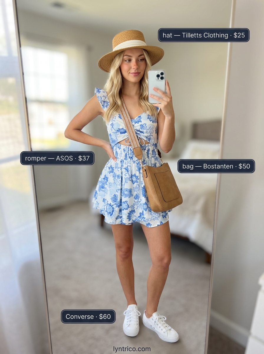 Summer outfits for women with blonde hair 2026: Blue floral romper, white sneakers, straw hat, and tan crossbody bag for a picnic.