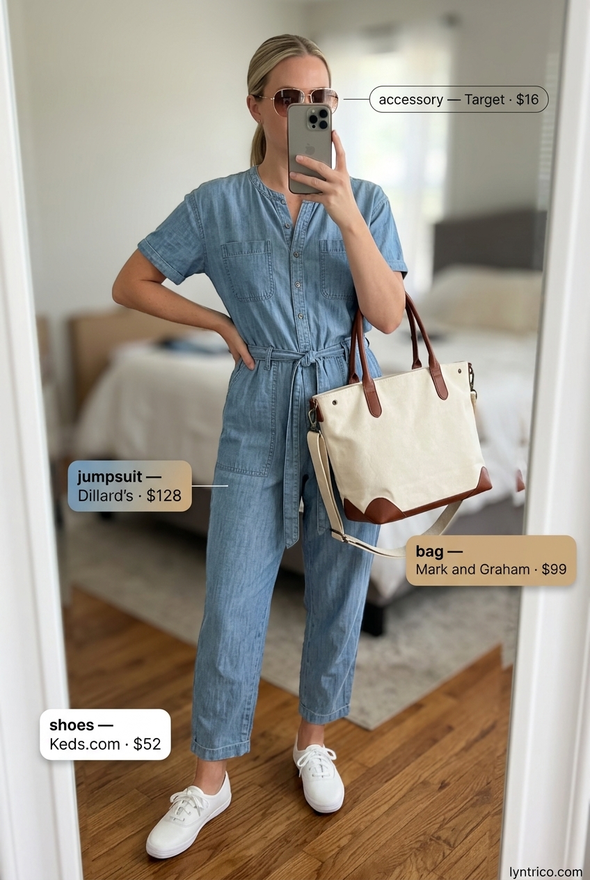 Summer outfits for women with blonde hair 2026: Light blue utility jumpsuit, white sneakers, canvas tote, and aviator sunglasses.
