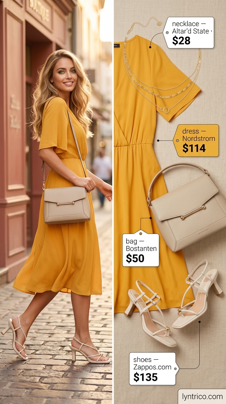 Summer outfits for women with blonde hair 2026: Marigold wrap dress, nude sandals, gold necklaces, and structured crossbody bag.
