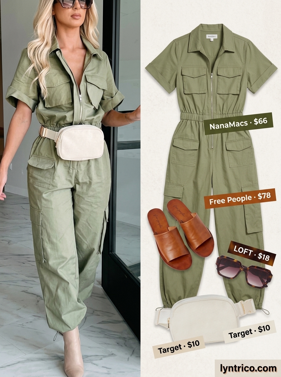 Summer outfits for women with blonde hair 2026: Olive green utility jumpsuit, white top, tan belt bag, and slides for a casual day out.