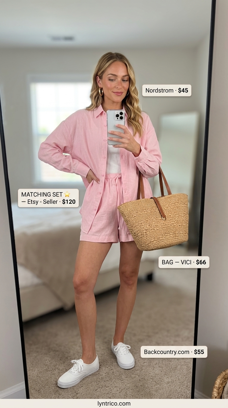 Blush pink linen shorts set for summer outfits for women with blonde hair 2026. Relaxed casual chic look with white sneakers.