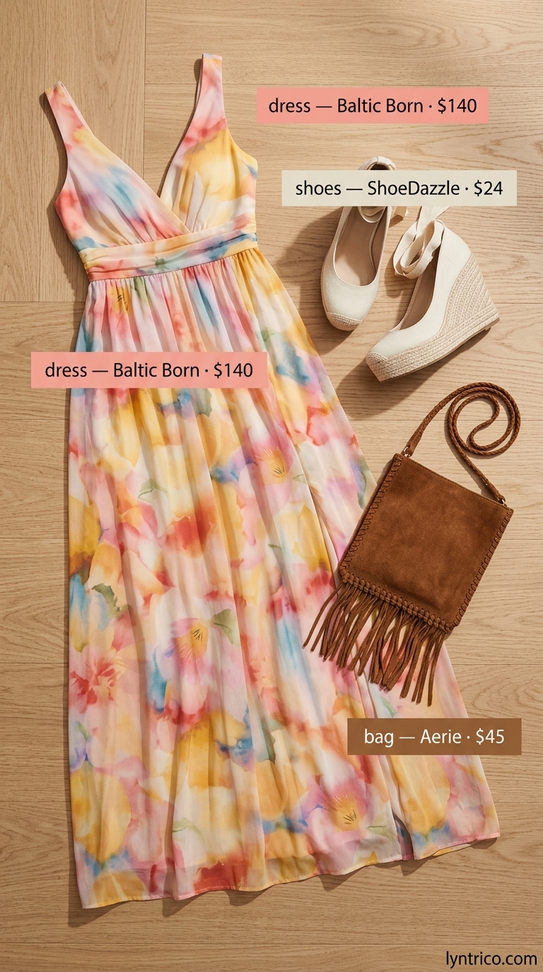 Boho floral maxi dress for summer outfits for women with blonde hair 2026. Vibrant vacation style with espadrille wedges.