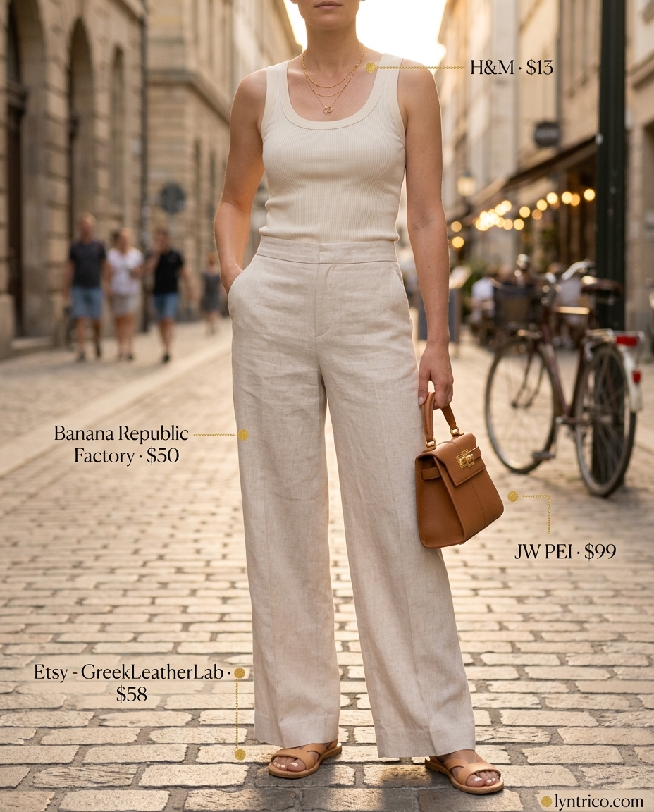 Summer outfits for women with blonde hair 2026: Camel linen pants, cream tank, gold necklaces for a chic brunch.