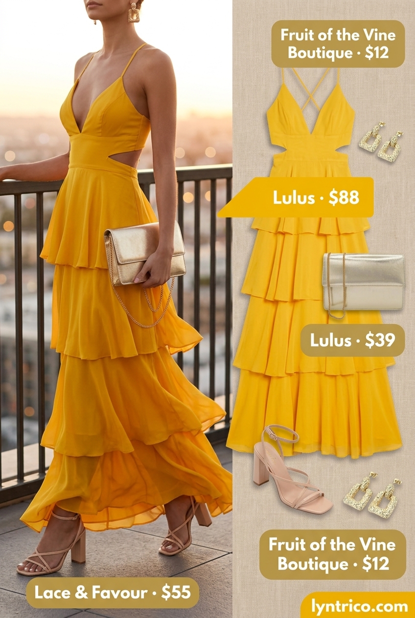Summer outfits for women with blonde hair 2026: Golden yellow maxi dress, gold earrings for an elegant evening.
