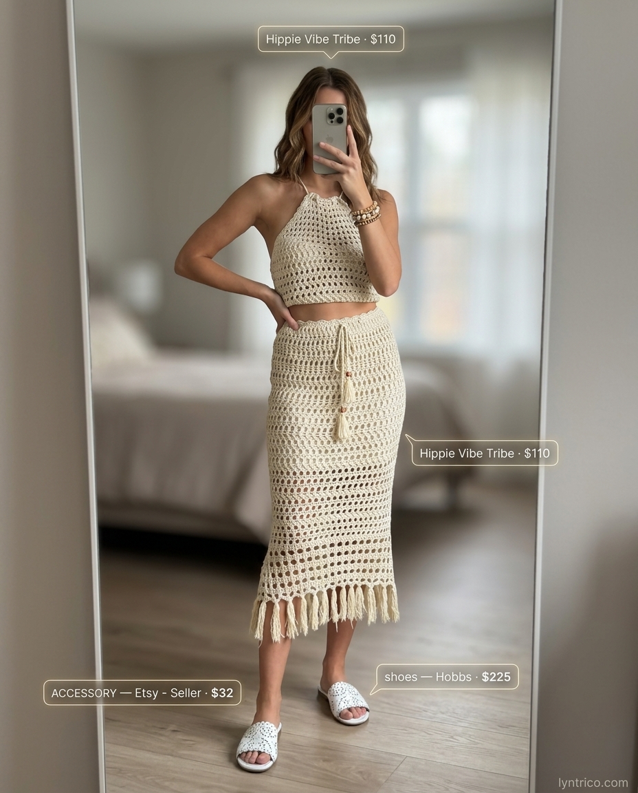 Summer outfits for women with blonde hair 2026: Ivory crochet set, straw tote for a bohemian beach vacation.