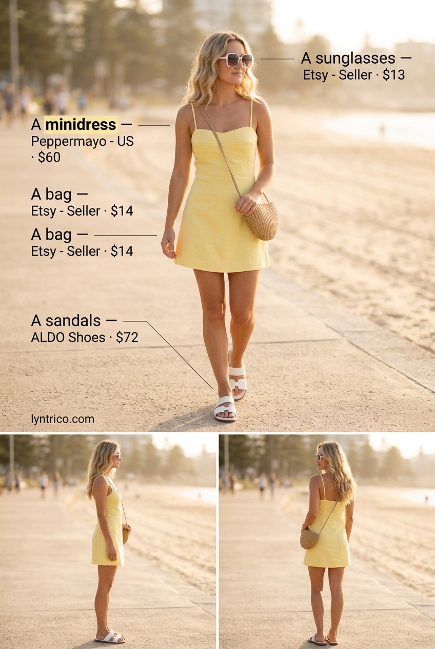 Lemon yellow sundress for summer outfits for women with blonde hair 2026. Casual A-line mini dress with straw bag.