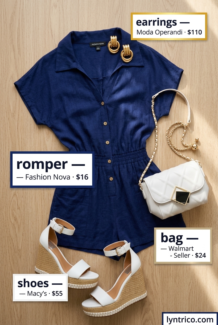 City chic romper for summer outfits for women with blonde hair 2026. Navy blue tailored romper with gold statement earrings.