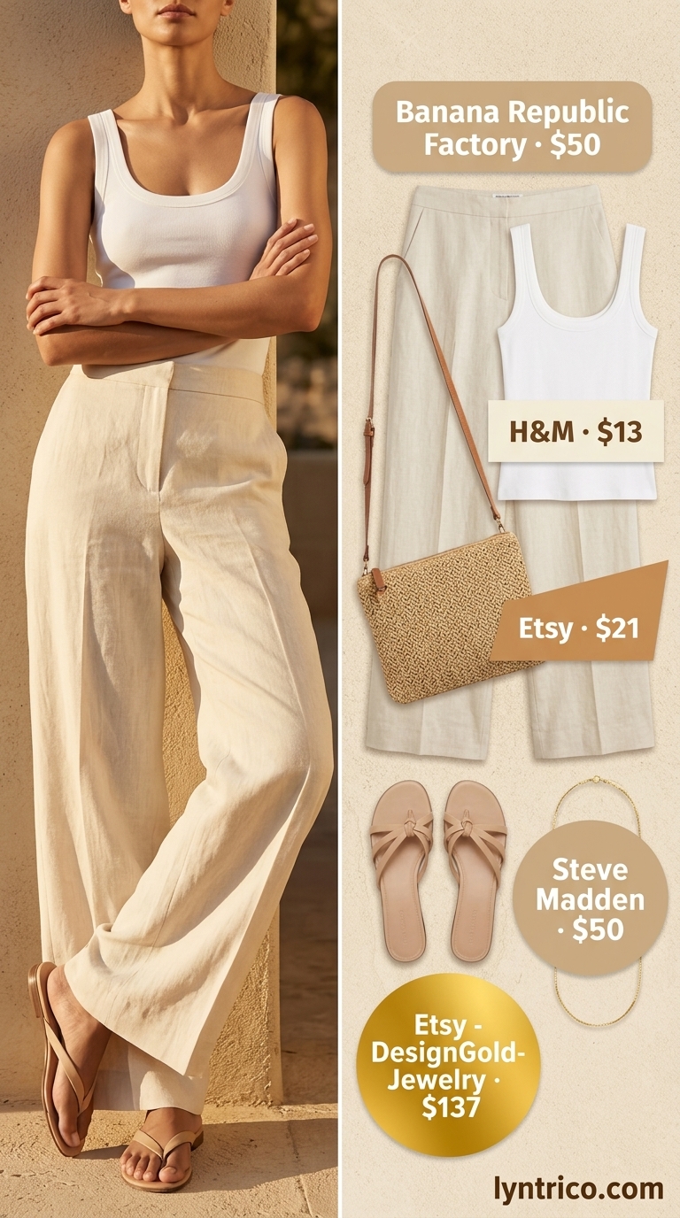 Summer outfits for women with blonde hair 2026: Sand linen pants, cream tank, gold necklaces for a beachy brunch.
