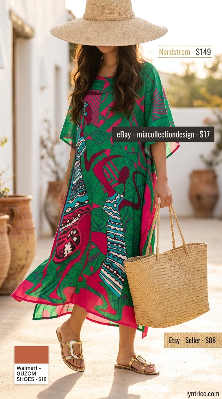 Tropical print maxi caftan for summer outfits for women with blonde hair 2026. Vibrant beach cover-up with straw hat.