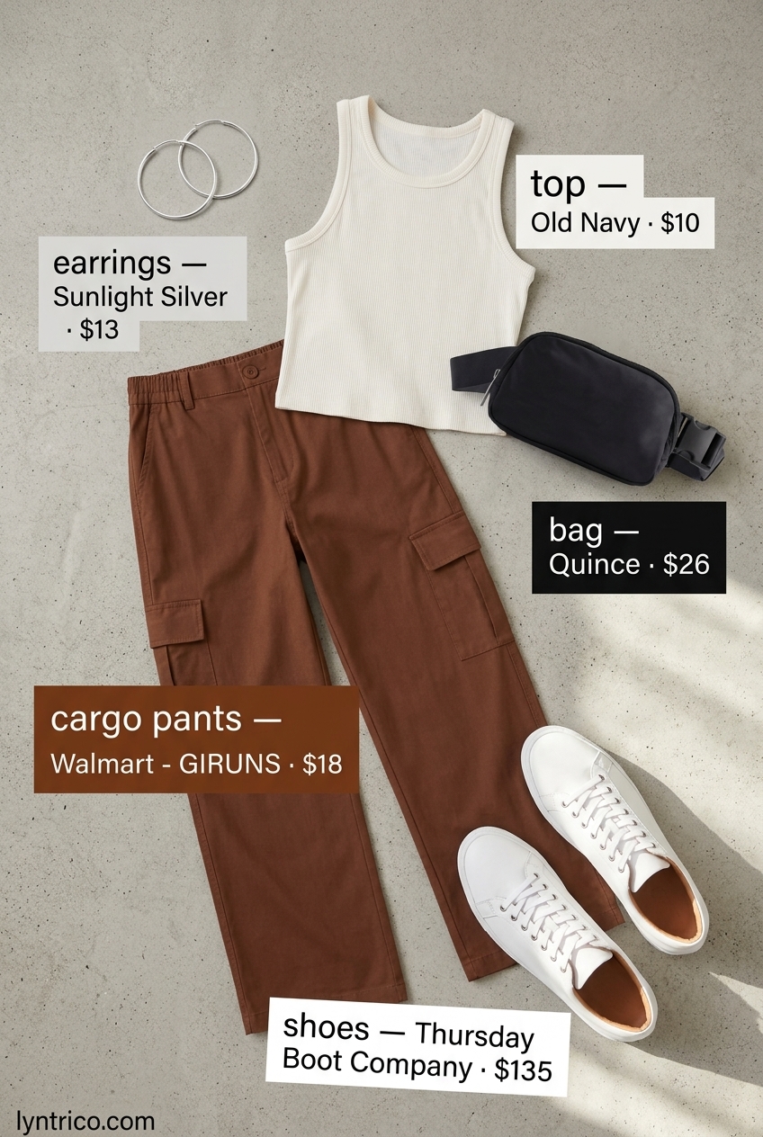 Summer outfits for women with brown hair 2026: Brown cargo pants, cream tank, white sneakers, and black belt bag for casual day.