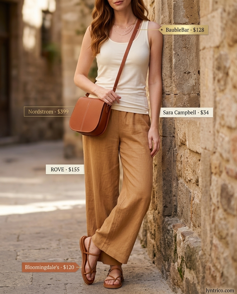 Summer outfits for women with brown hair 2026: Camel linen pants, cream tank, gold necklaces, and tan sandals for evening out.
