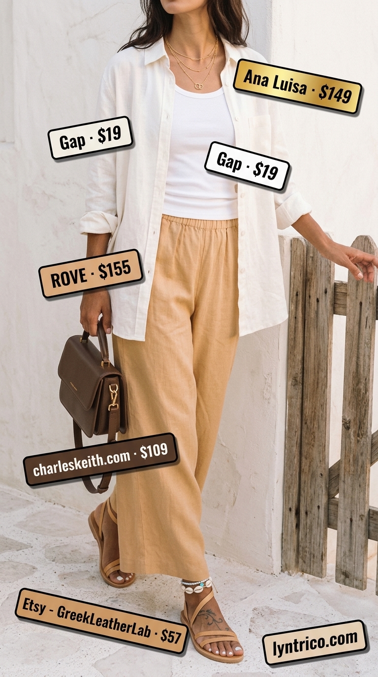 Summer outfits for women with brown hair 2026: Caramel linen pants, ivory tank, gold necklace, and tan sandals for casual evening.