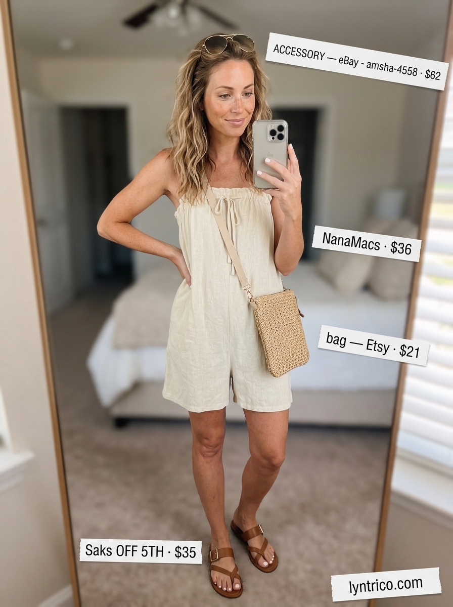 Summer outfits for women with brown hair 2026: Beige linen romper, brown sandals, and straw bag for casual weekend.